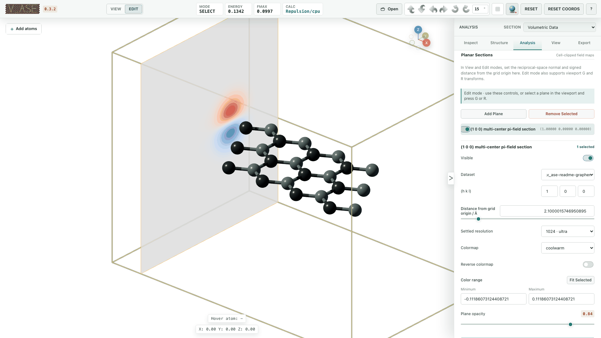Interactive hkl scalar-field plane clipped to the displayed cell