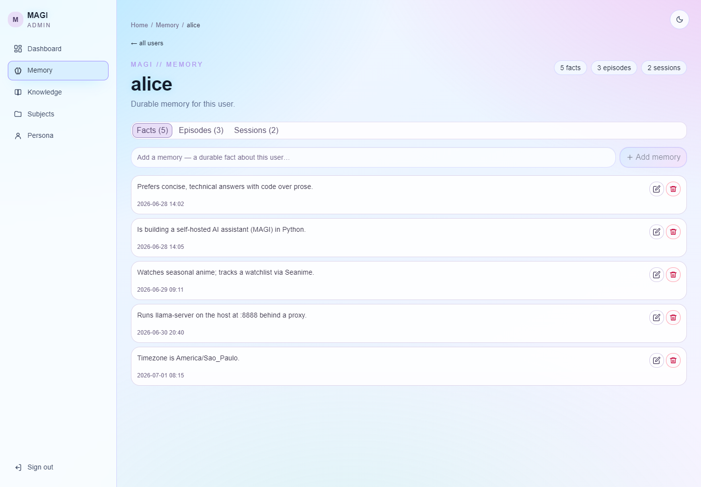 A user's memory — facts as editable cards