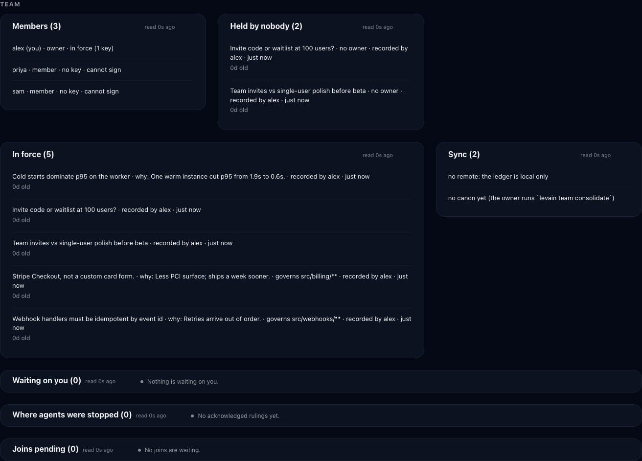 The cockpit's Team zone on a demo project: members, entries held by nobody, the decisions in force, and sync state.