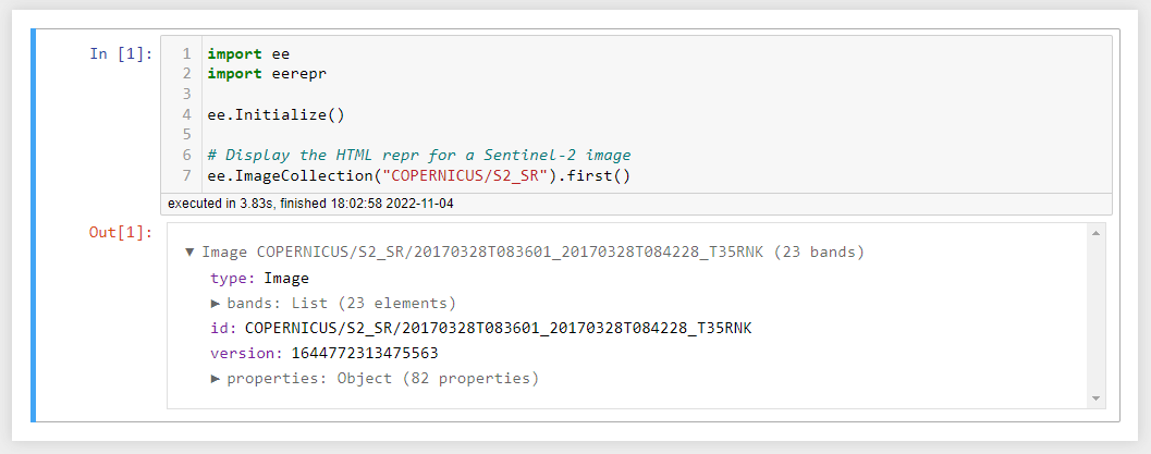 An HTML repr showing the details for an ee.Image in a Jupyter notebook
