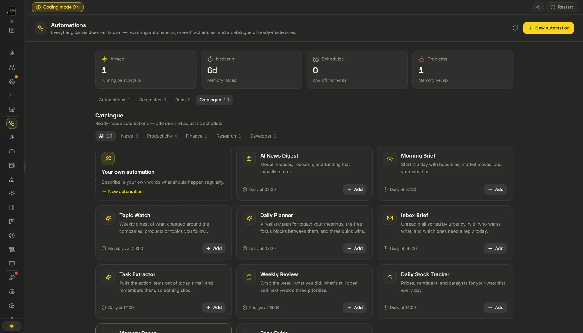 The automations catalogue: ready-made recurring jobs grouped by news, productivity, finance, research and developer