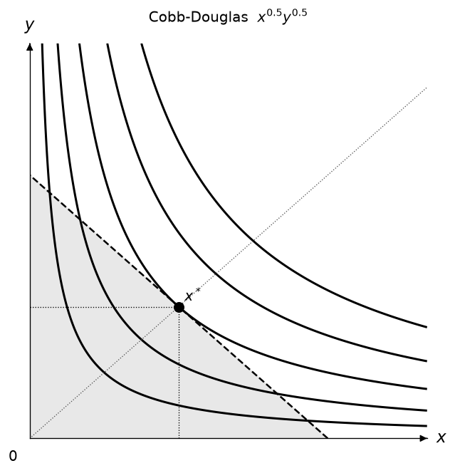 Grayscale Cobb-Douglas indifference map with budget line and equilibrium point