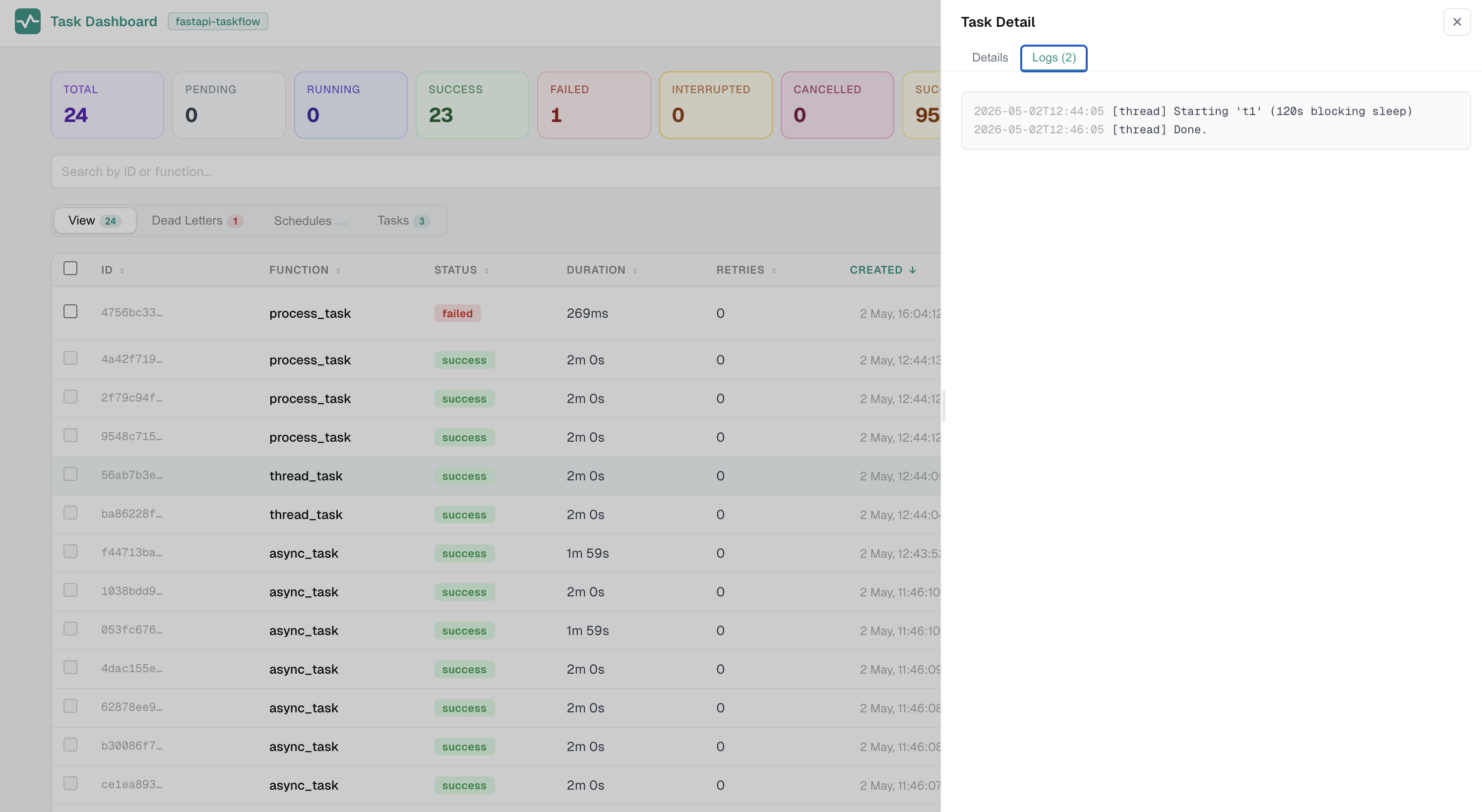 Task logs panel