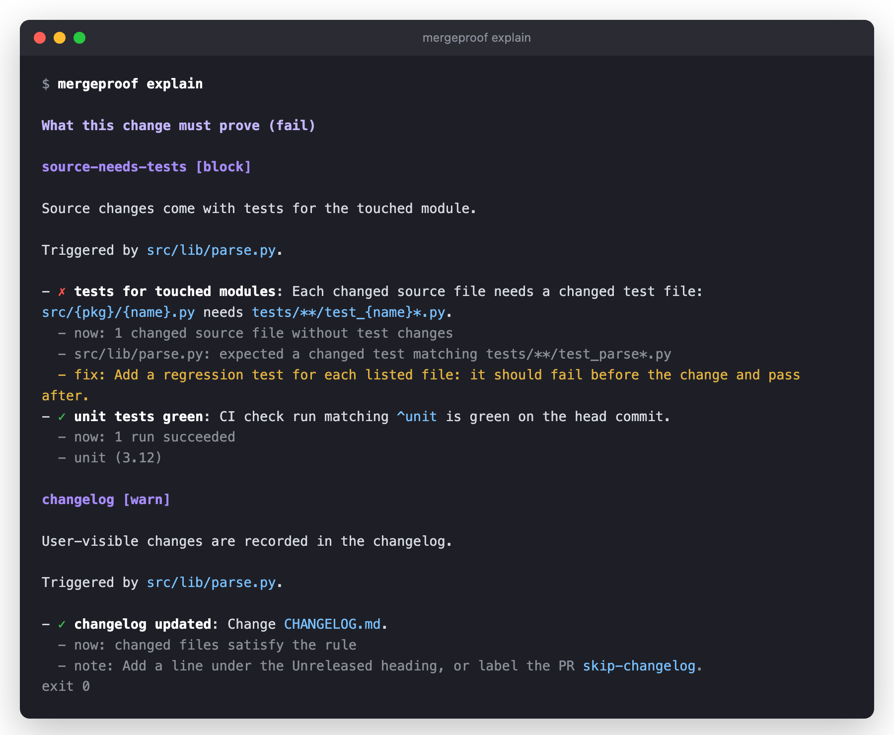 mergeproof explain in a terminal: the rule that applies, the requirement that is missing, and the fix