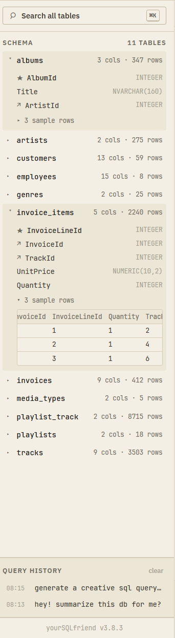 Schema browser and query history