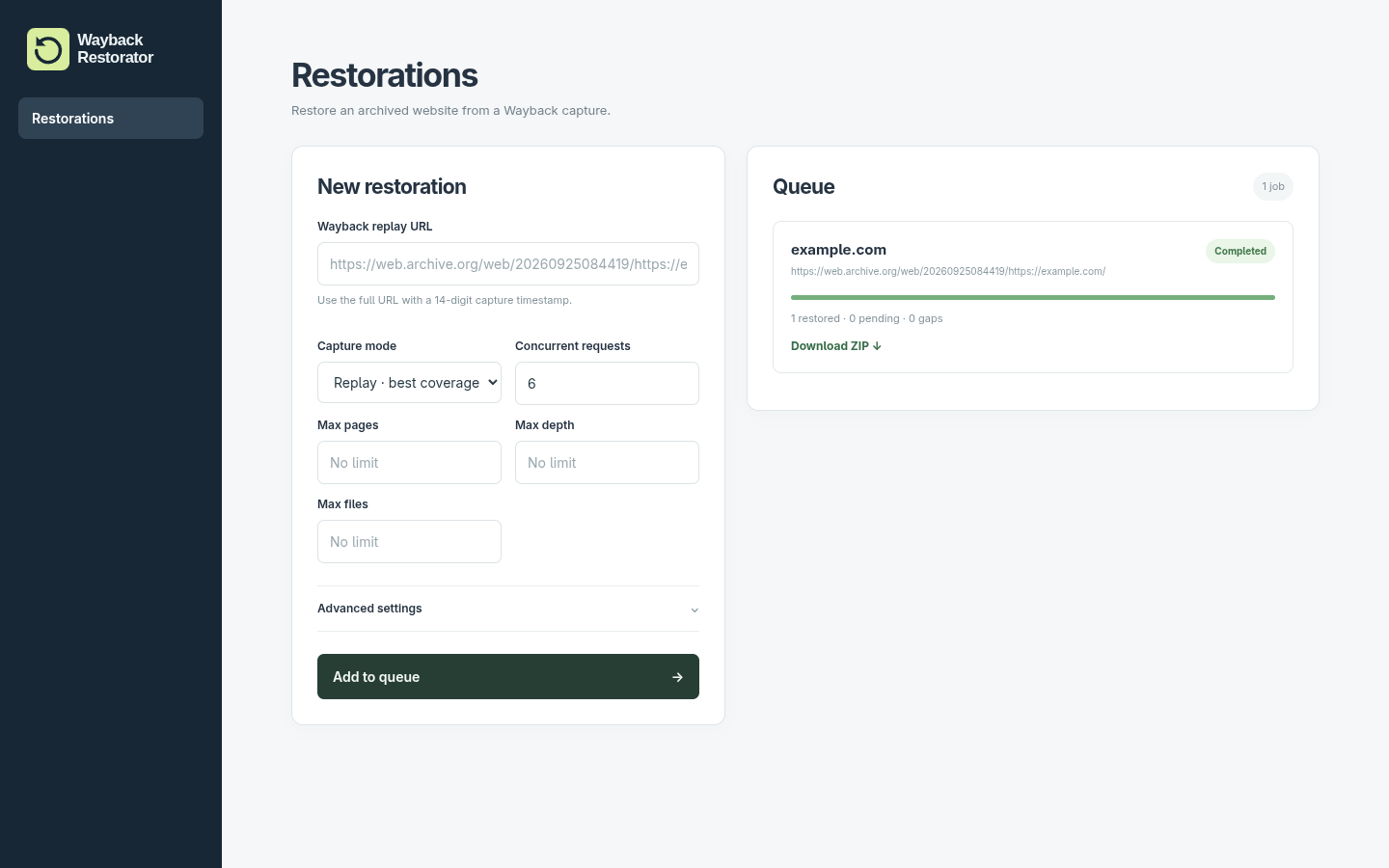 Local dashboard showing a completed example.com restoration