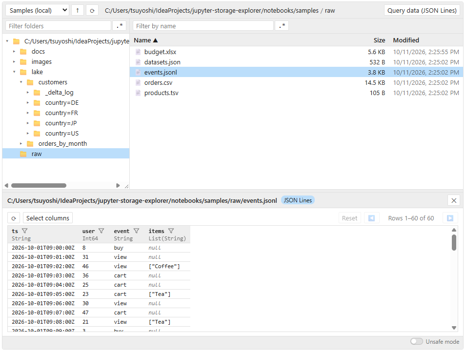StorageExplorer with a JSON Lines file open in the data browser