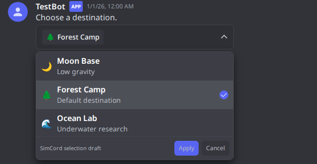 Open destination select with emoji, descriptions and a selected option