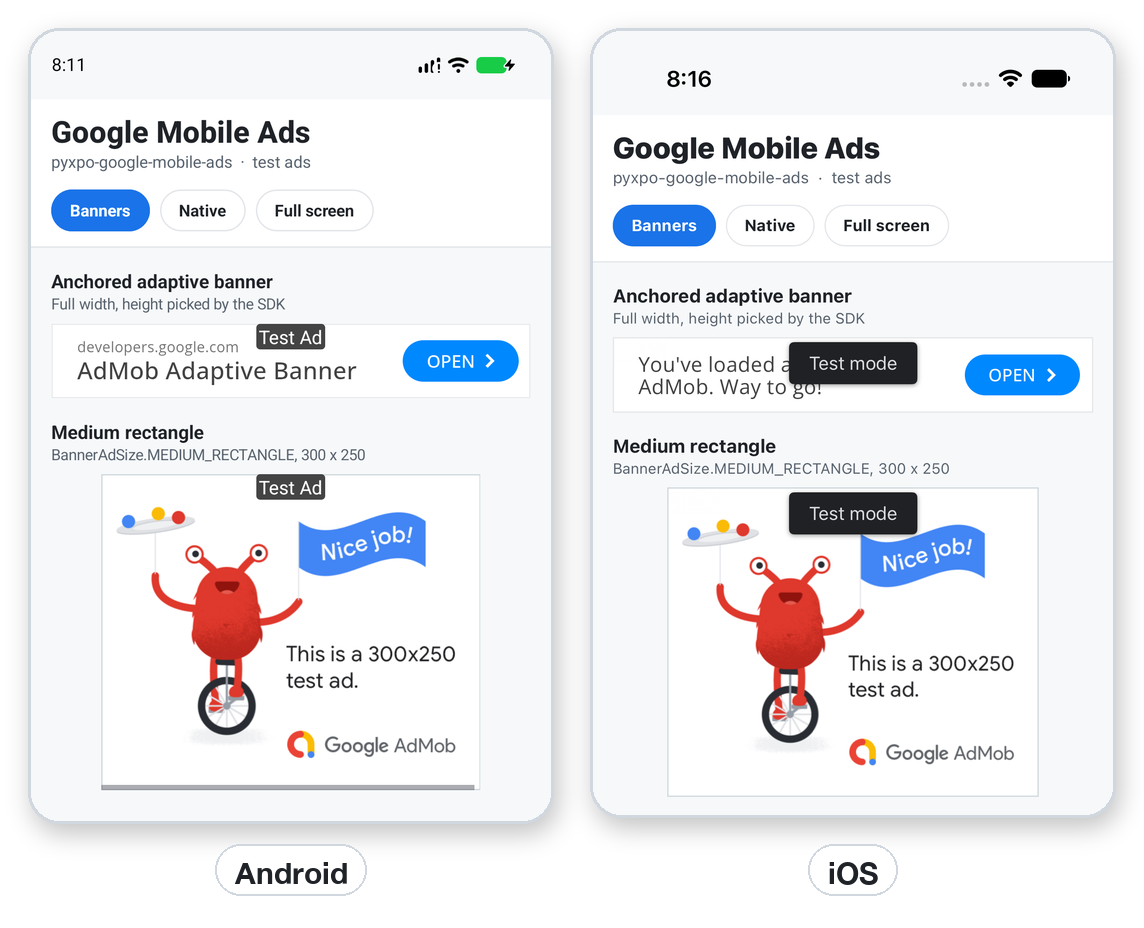 An anchored adaptive banner and a medium rectangle on Android and iOS