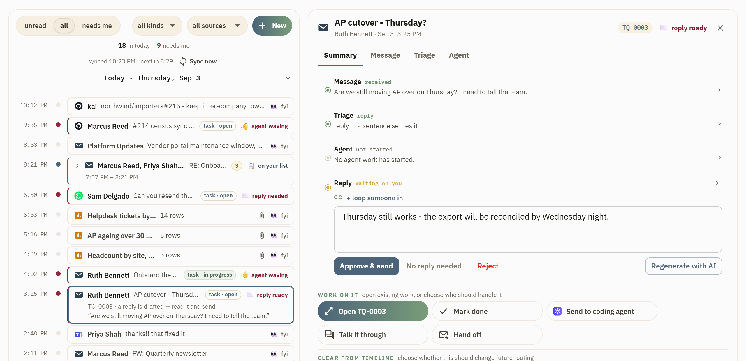 The Timeline with mail, chats, reports, active tasks, and an Assistant post on one rail.
