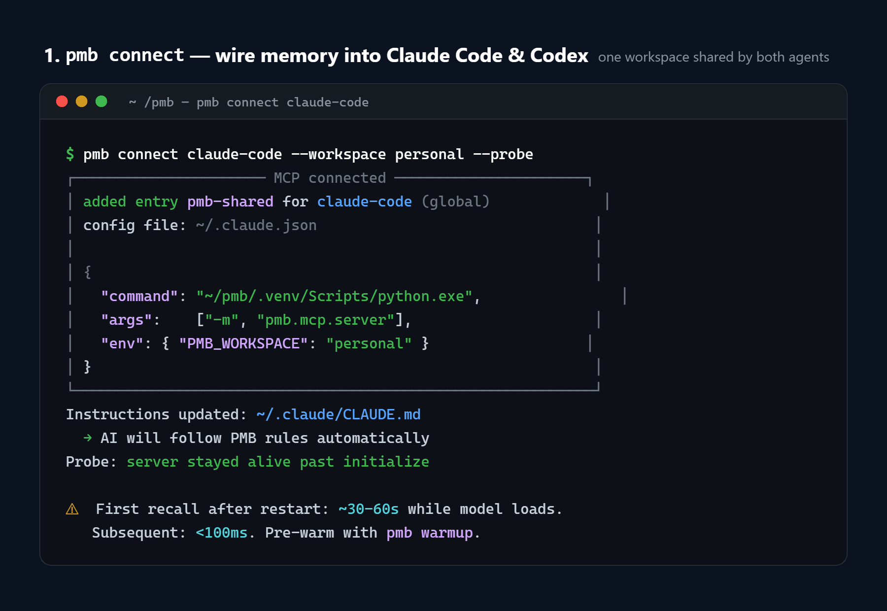 pmb connect - wire memory into Claude Code & Codex