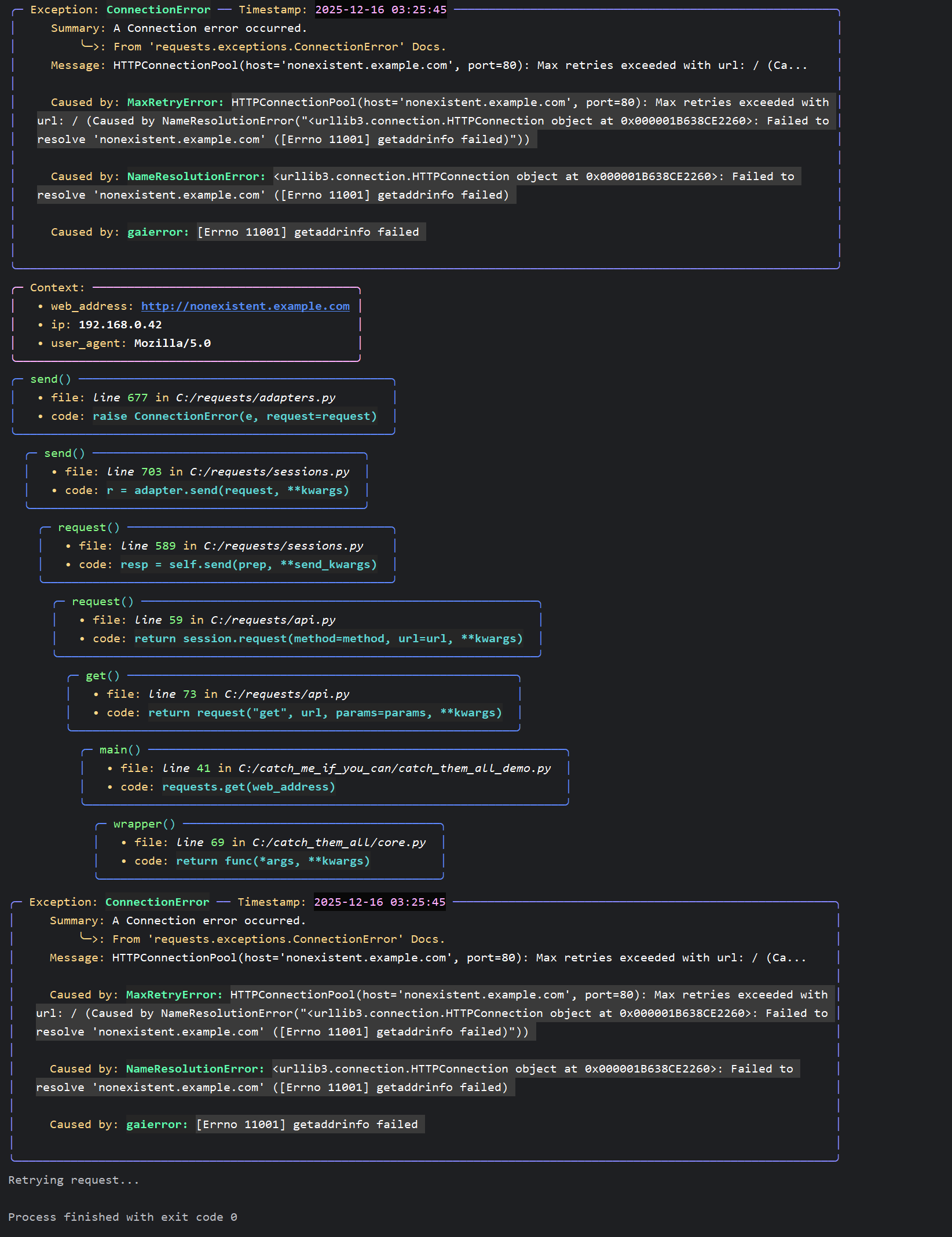Rich formatted report in console with injected context, stack trace, and retry message