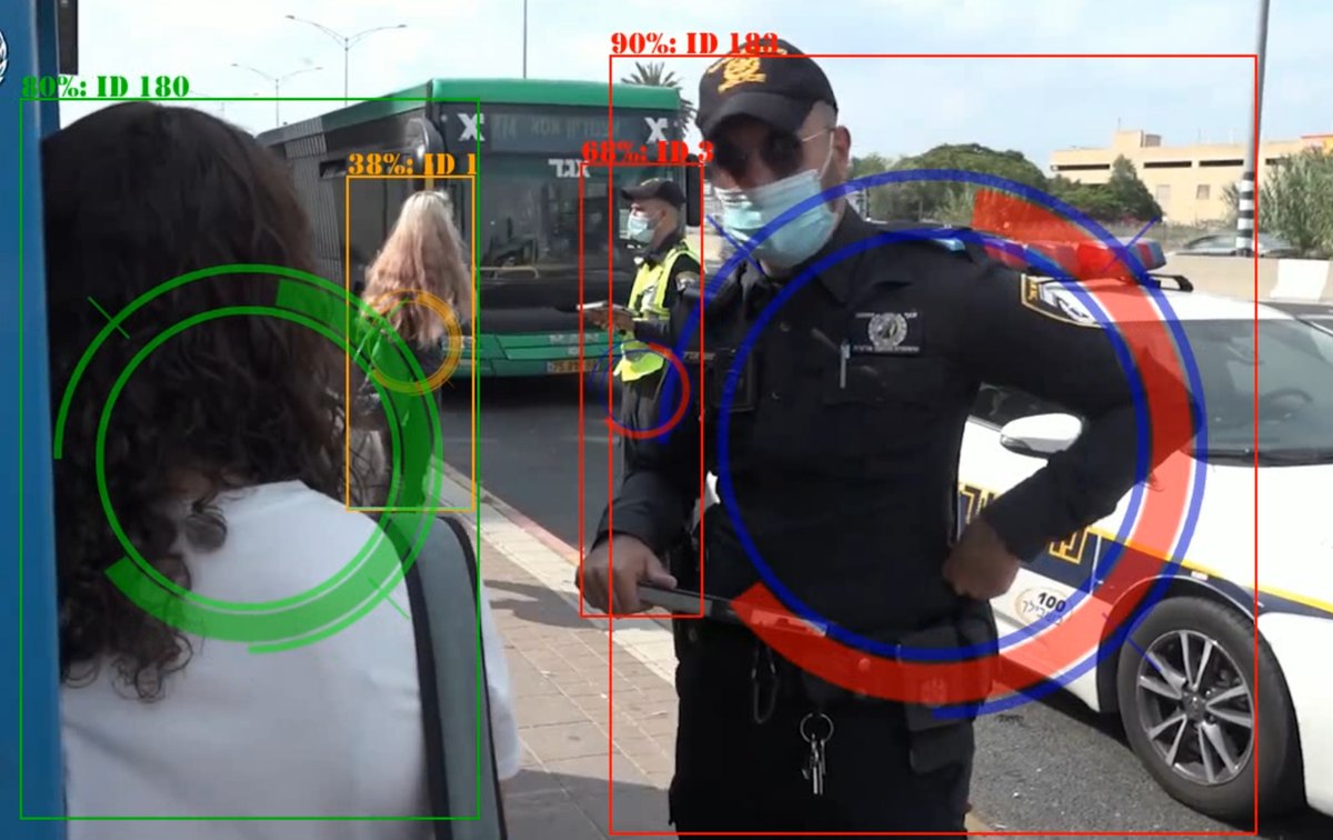 Four people tracked in a street scene, each with a persistent numeric id and a smoothed mask-classification confidence