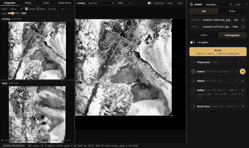 Registering a rotated, scaled Landsat pair: Auto finds keypoints, fits a homography and refines it