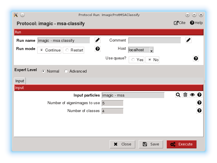GUI input form of the imagic - msa classify protocol