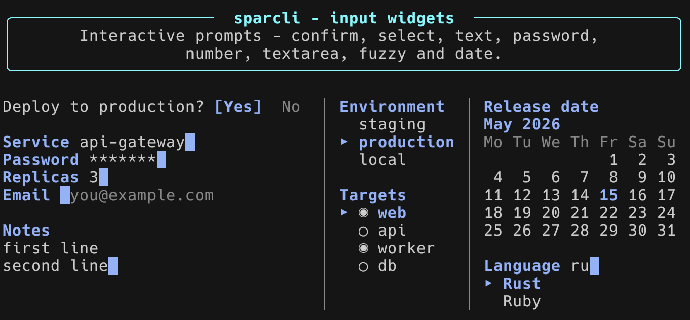 sparcli input widgets