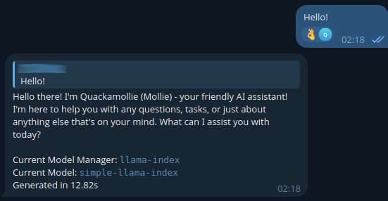 Answer expected when saying "Hello!" to the :code:`llama-index | simple-llama-index` model