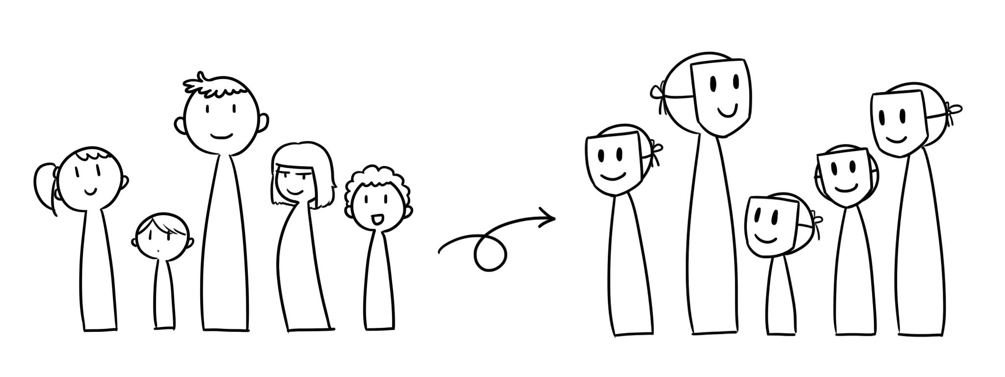 A comic-style illustration of a group of individual people all of different height being turned into by a group of uniformly looking people of different height, wearing masks to stay anonymous
