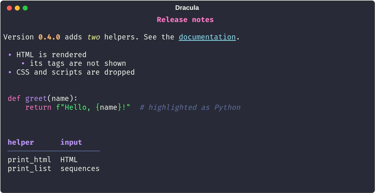 HTML in the Dracula theme