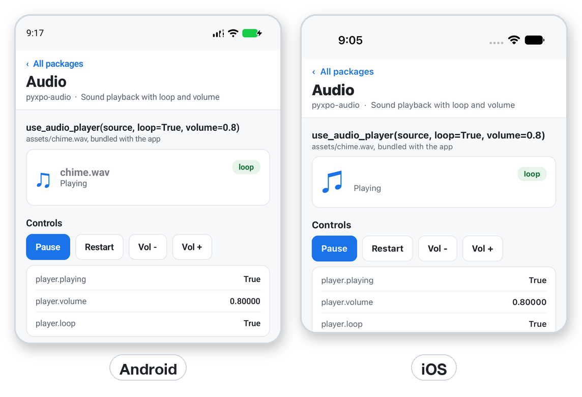 The audio controls on Android and iOS