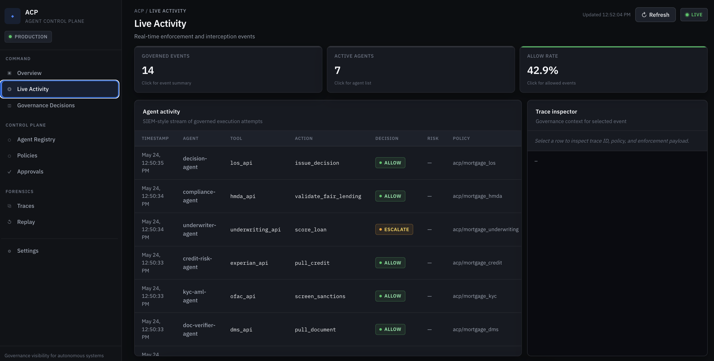 Live activity — real-time enforcement stream