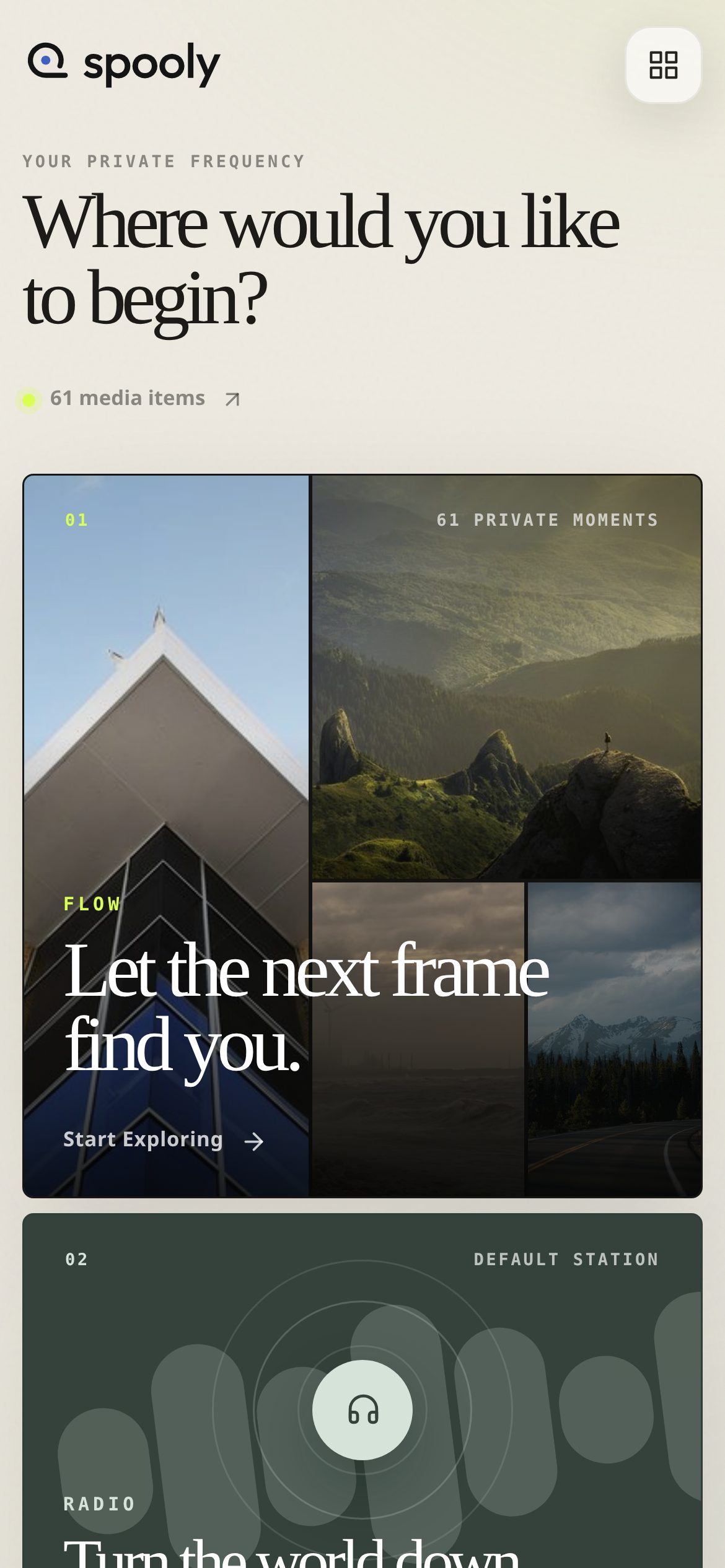 Home: a collage of recent photos with entry points to Flow and Radio