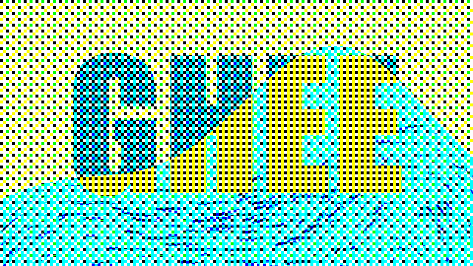 a four-pass particle scene, procedural text, and the bundled dither filter, looping
