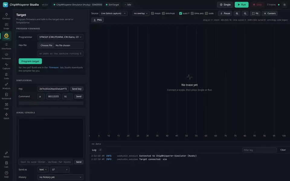 Sending a key and a plaintext over SimpleSerial (animated)
