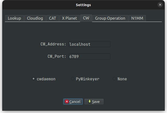 Settings dialog tab for CW