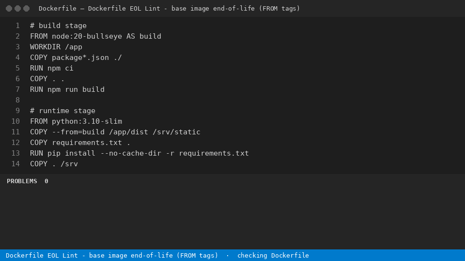 Dockerfile EOL Lint - base image end-of-life (FROM tags) — finds the line