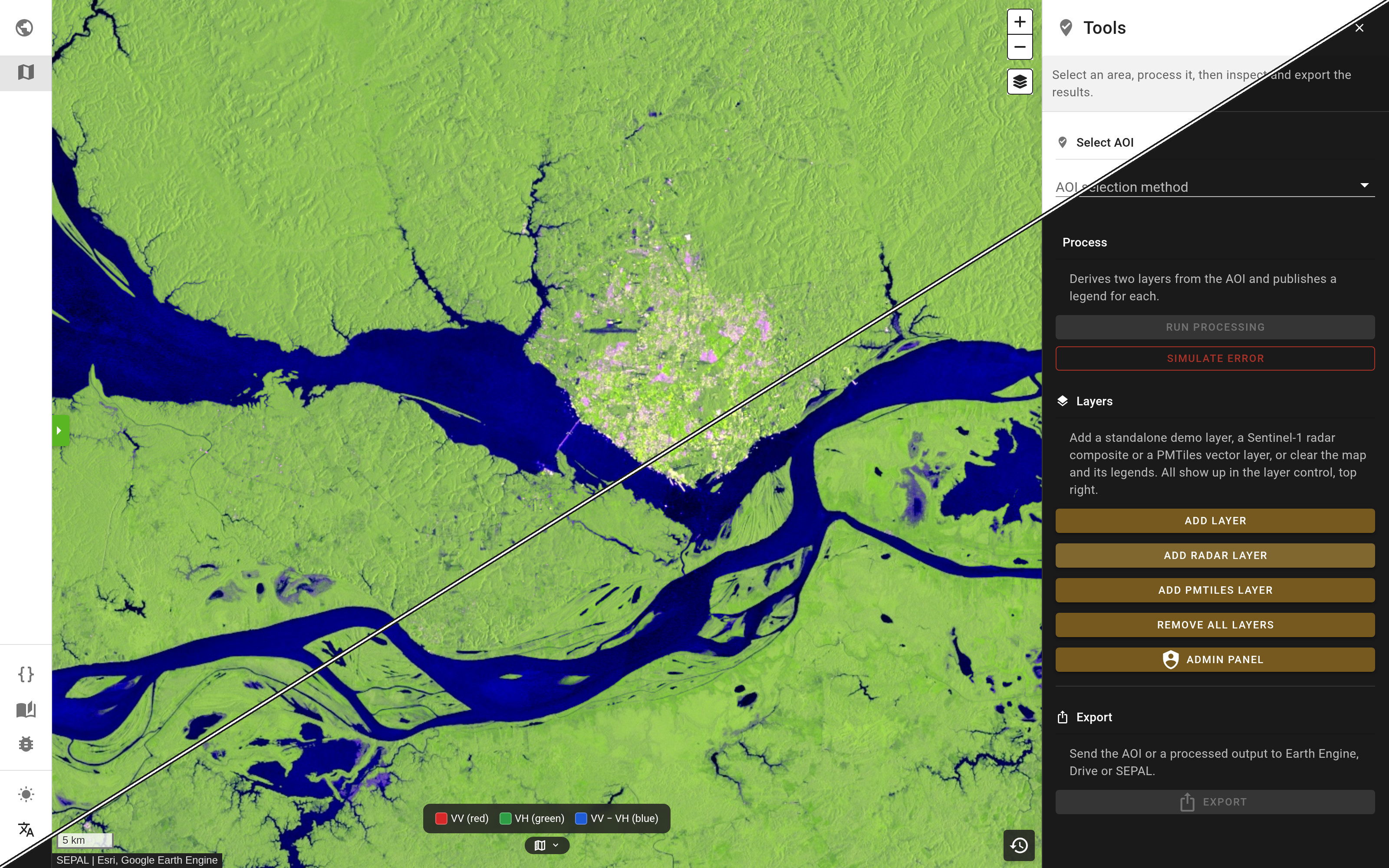 Sentinel-1 radar composite in the map demo, light and dark theme