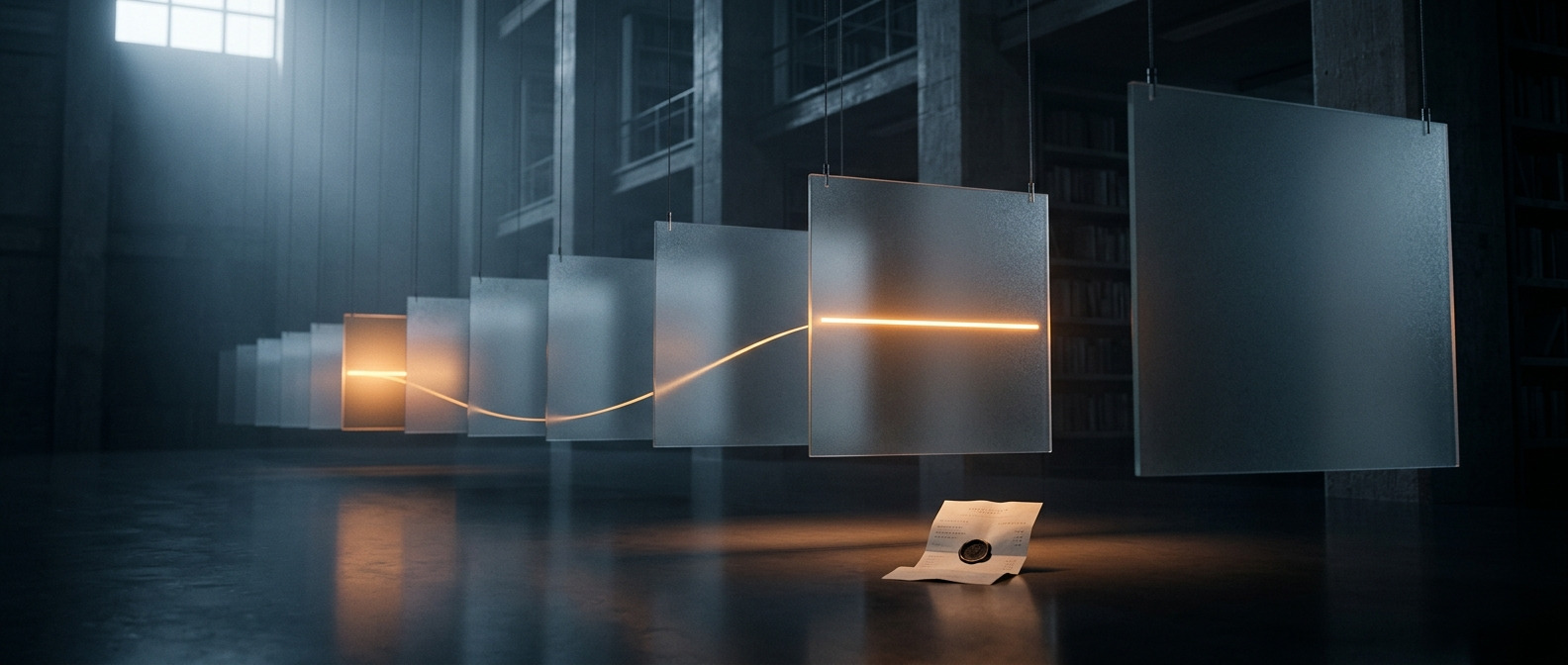 A dark archive hall of suspended glass record panels receding into haze. One panel is struck through by a line of amber light, which arcs forward to a later panel. A sealed paper receipt rests on the floor beneath it.