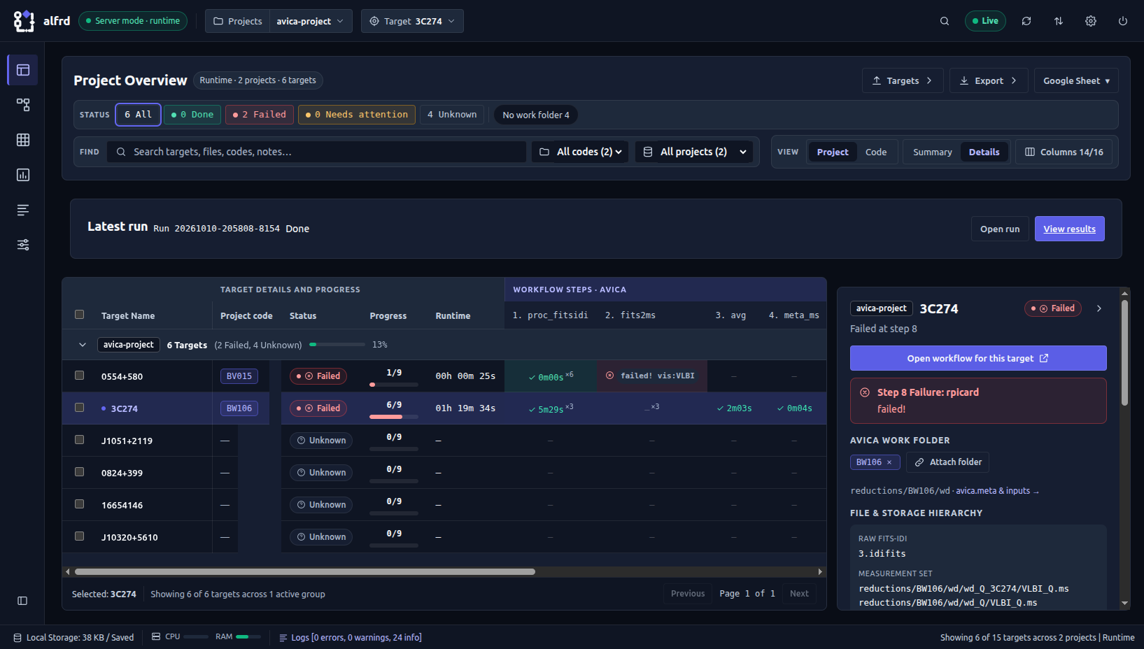 ALFRD Studio overview: target status, progress, runtime and failed-step details; open full-size image
