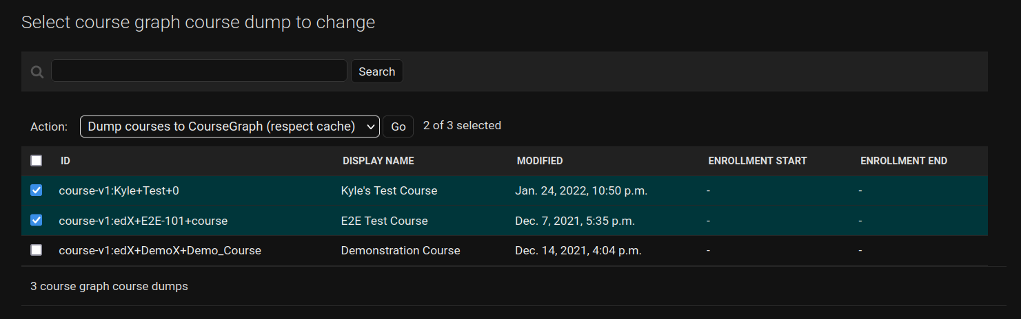 CourseGraph dump page in CMS admin console, demonstrating that individual courses can be selected for dump