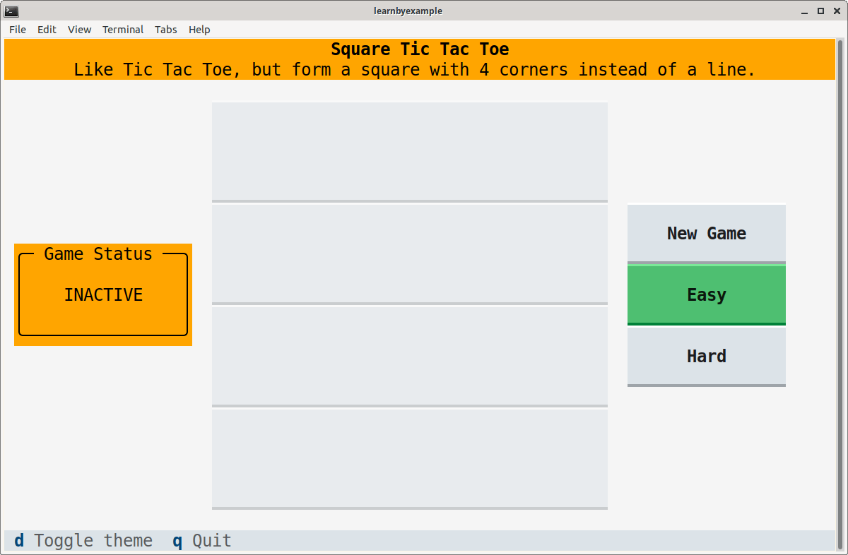 Square Tic Tac Toe initial screen