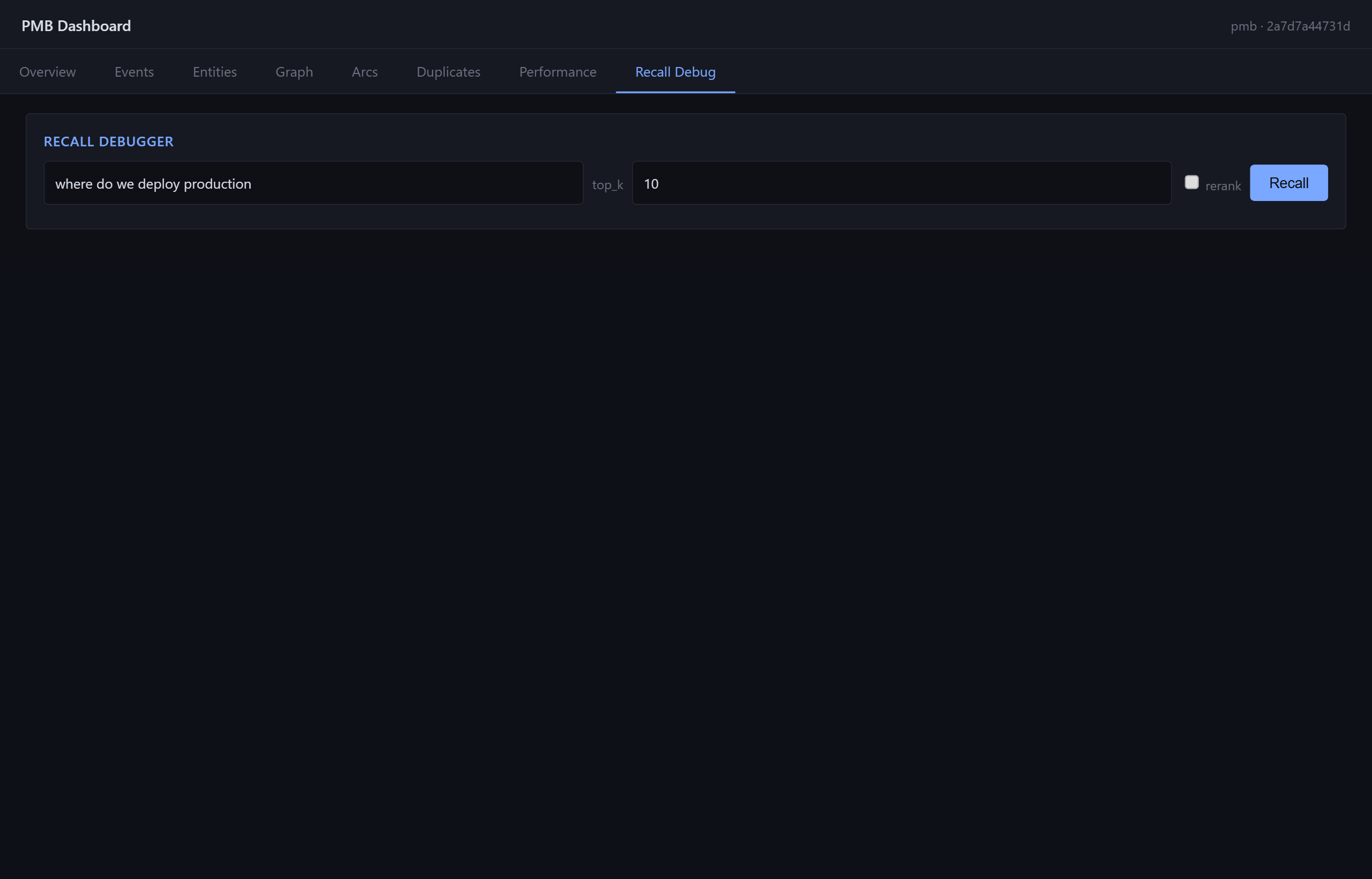 PMB Dashboard - Recall Debug tab