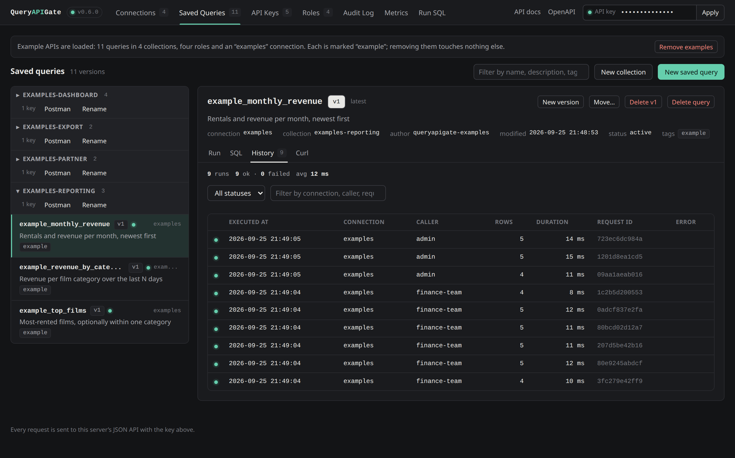 A saved query's History tab: every run with its time, connection, calling API key, rows, duration and request ID, with a status filter and search box