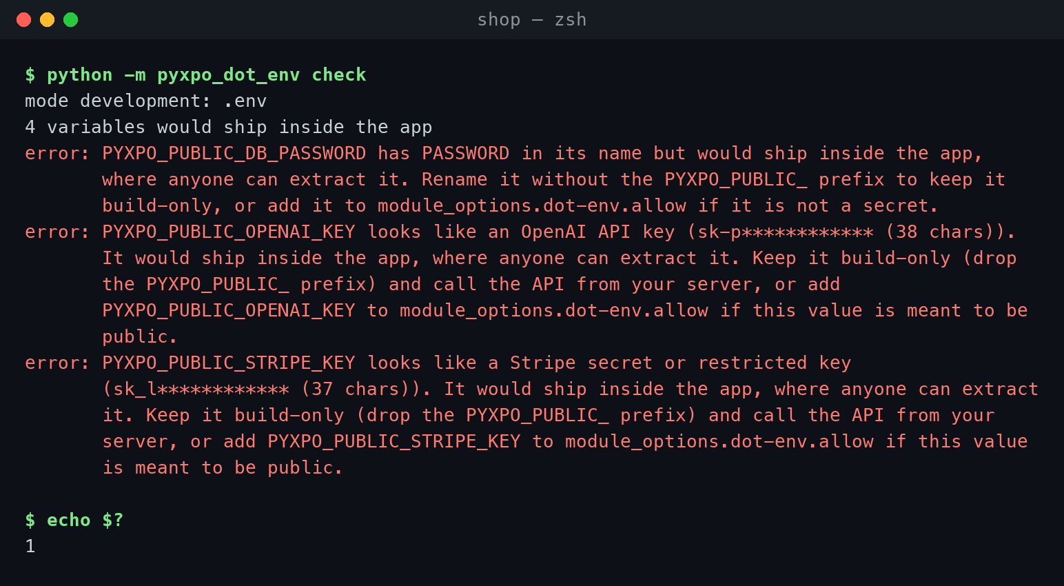 python -m pyxpo_dot_env check stopping on a Stripe secret key, an OpenAI key and a password in public variables, with the values masked