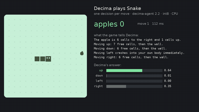 decima-agent playing Snake on CPU