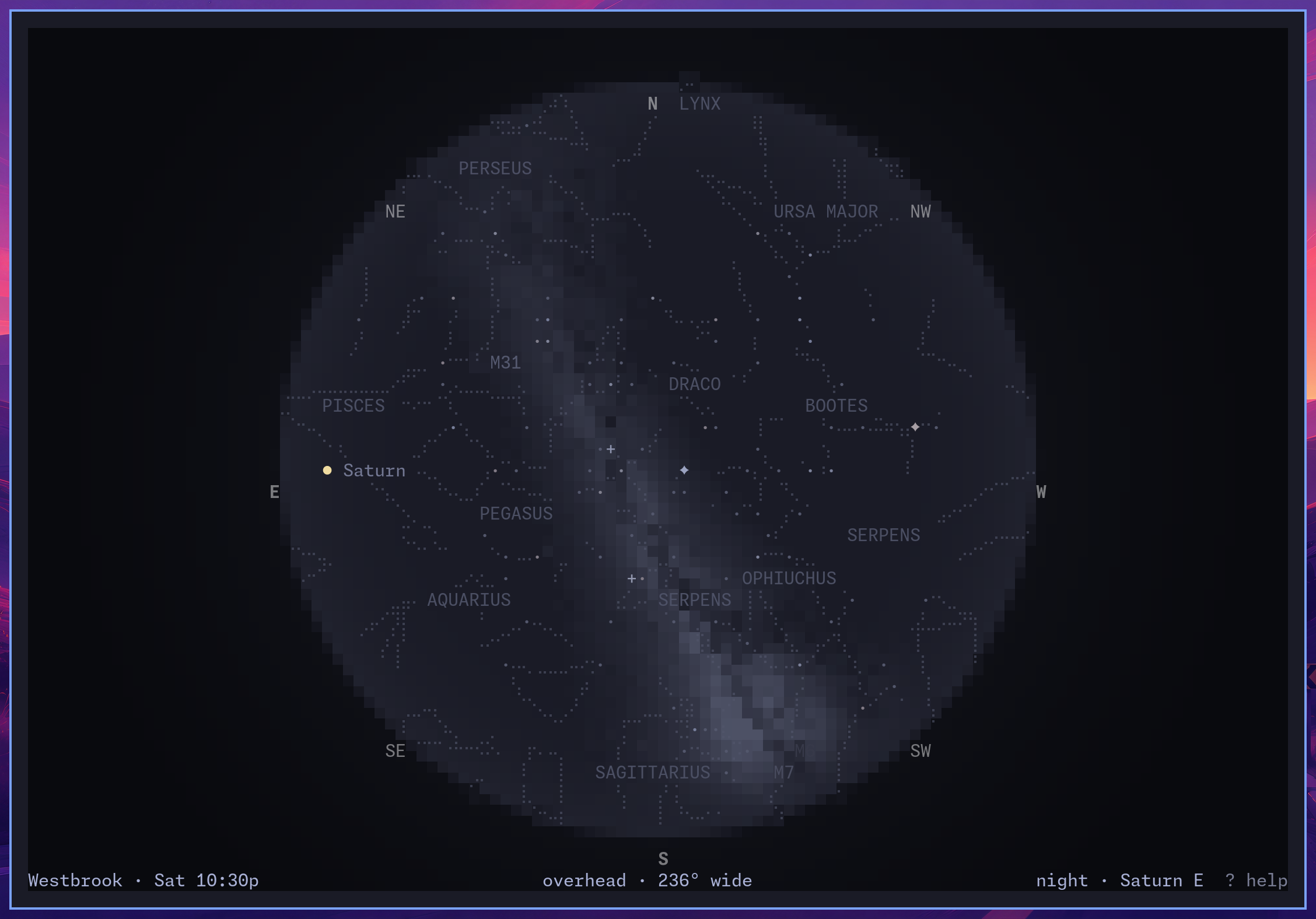 the whole August sky at once, the horizon closed into a circle, the Milky Way across it