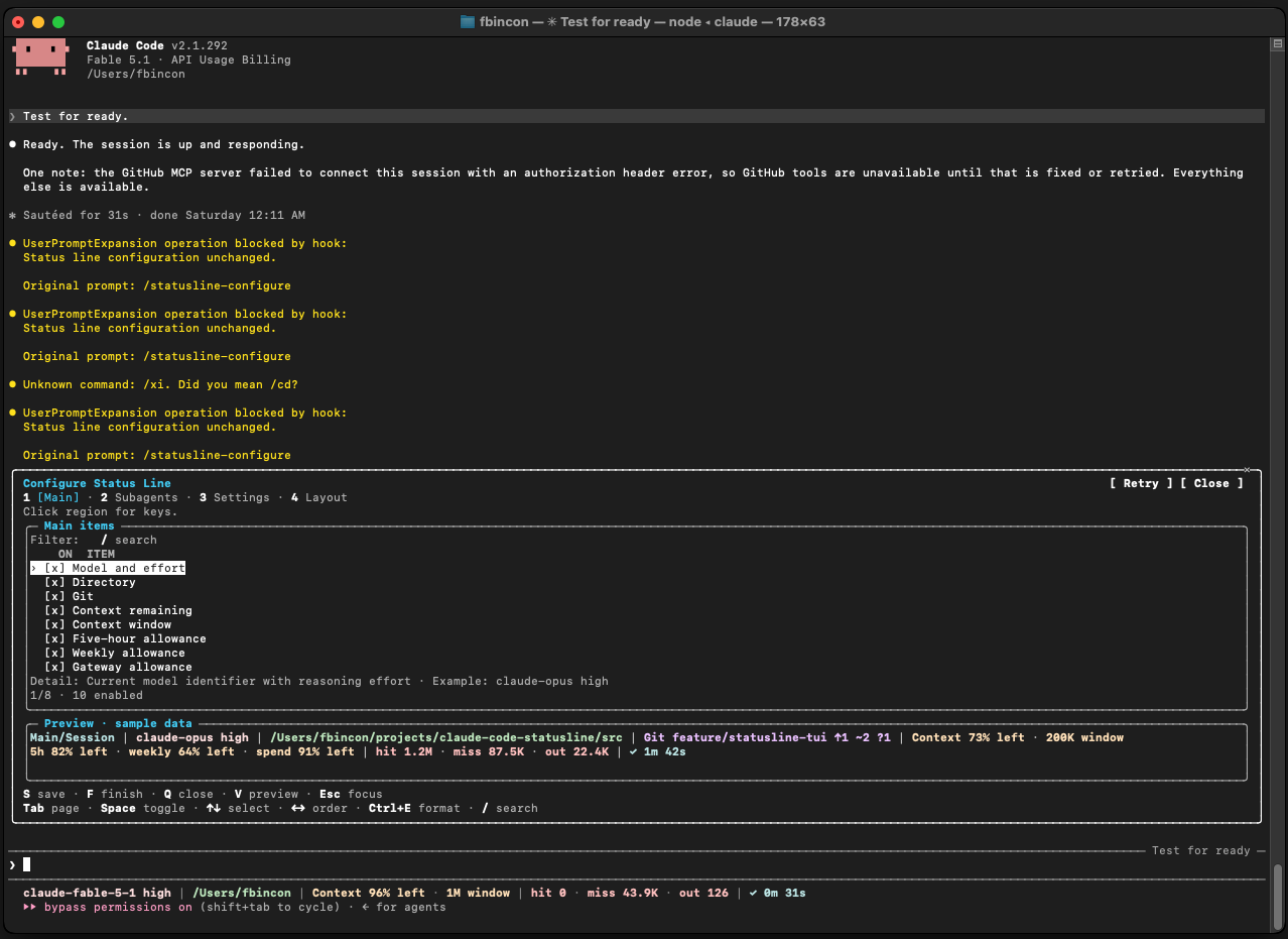 macOS in-session TUI Main page with sample preview