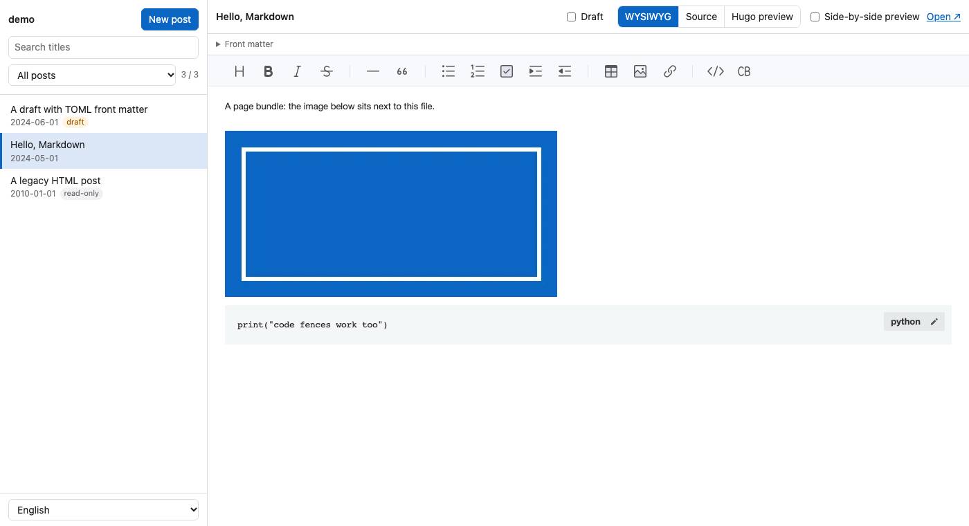 hugo-writer editing a post in WYSIWYG view