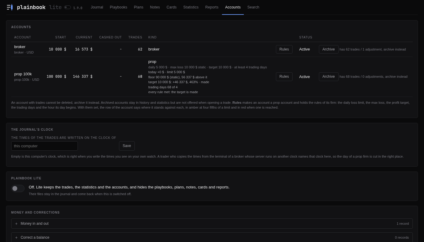 The Accounts tab: a broker account and a prop account with its rules and where it stands against them, the journal's clock, money in and out