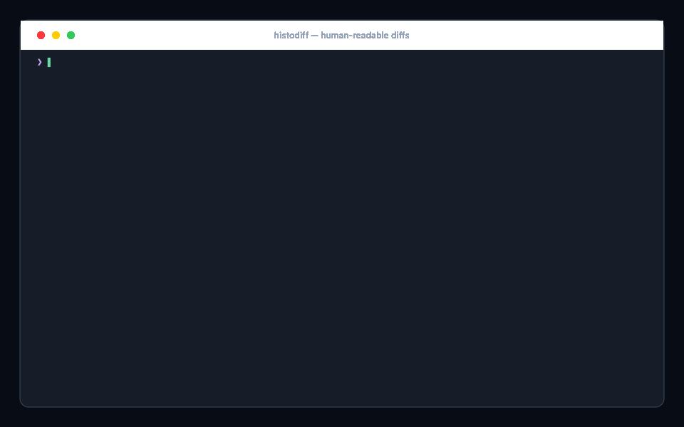 Terminal demo of histodiff highlighting additions, deletions, and changed words