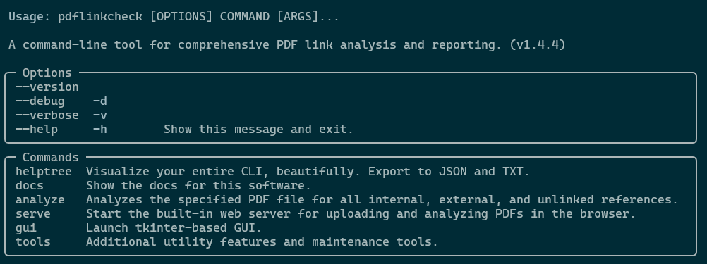 Screenshot of the pdflinkcheck CLI Tree Help