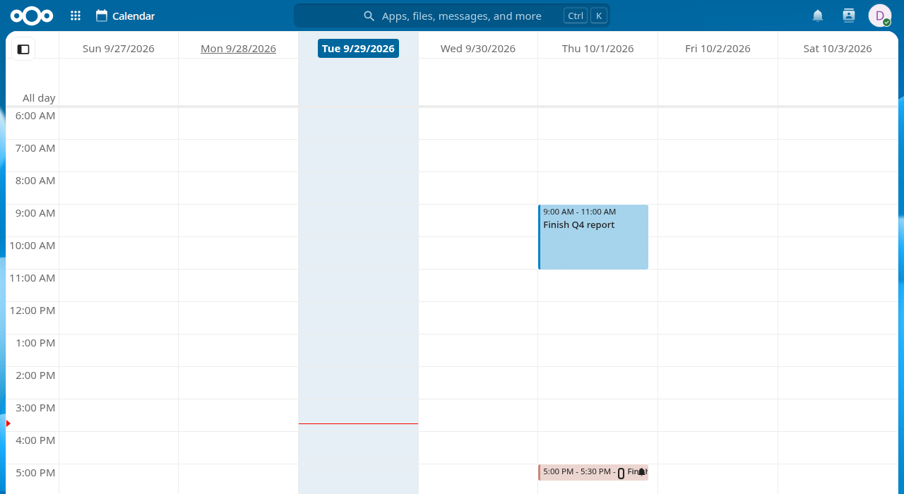 Nextcloud Calendar showing the 9-11 time block and the task deadline