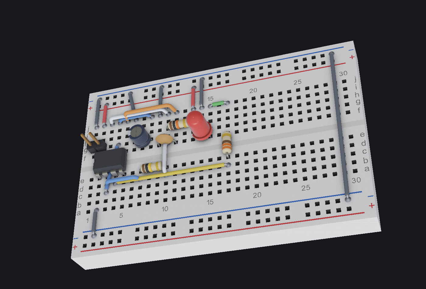 The NE555 astable on a half-size breadboard, placed and wired