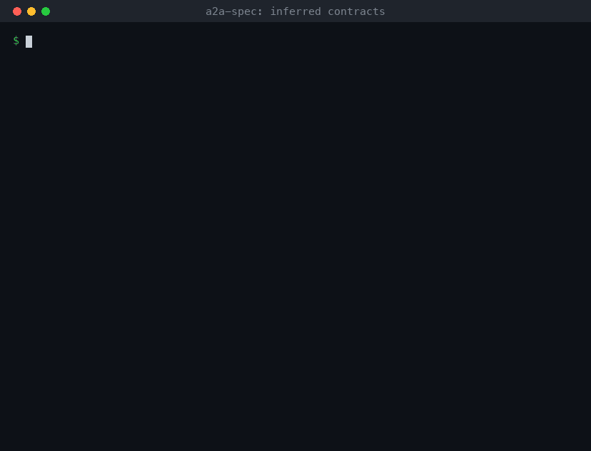 a2aspec infer generates a contract from the consumer's code; after a producer change, the hand-written spec passes and the inferred contract fails
