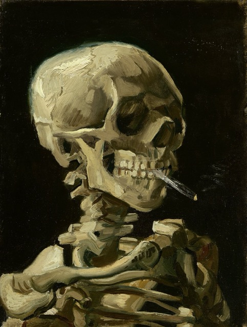 A skeleton smoking a cigarette.