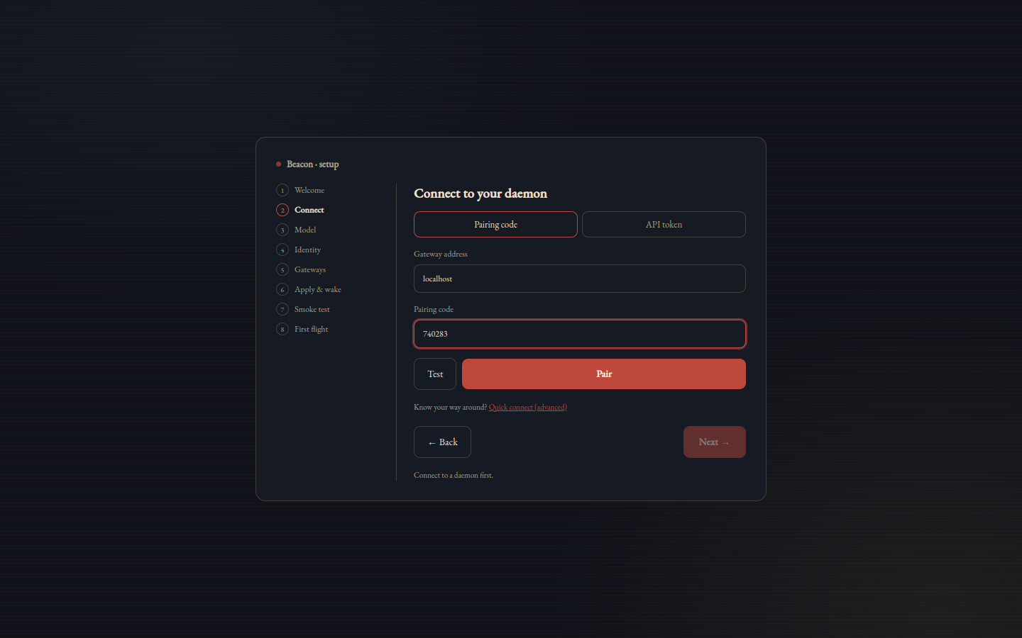 Beacon's setup wizard pairing with a daemon